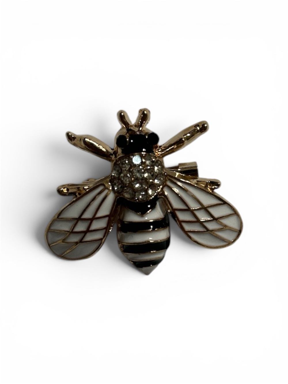 Gold Tone Bee Brooch with White Enamel and Crystal Accents